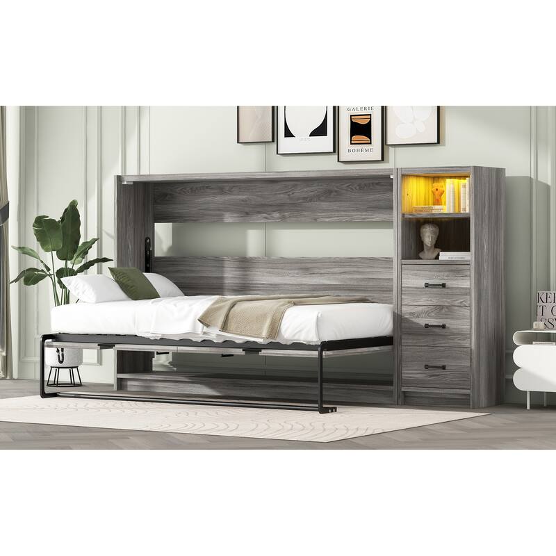 Space-Saving Foldable Twin Bed with Drawers, LED Light, and Cabinet, Gray