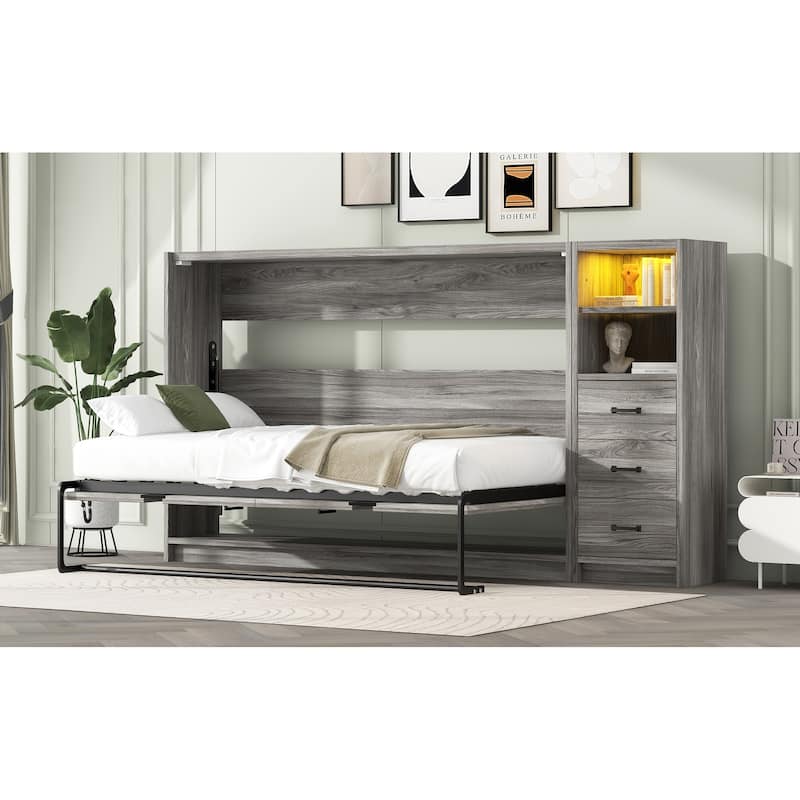 Twin Size Murphy Bed with 3 Drawers & LED Light, Foldable into Cabinet, Space-Saving Design, No Box Spring Required