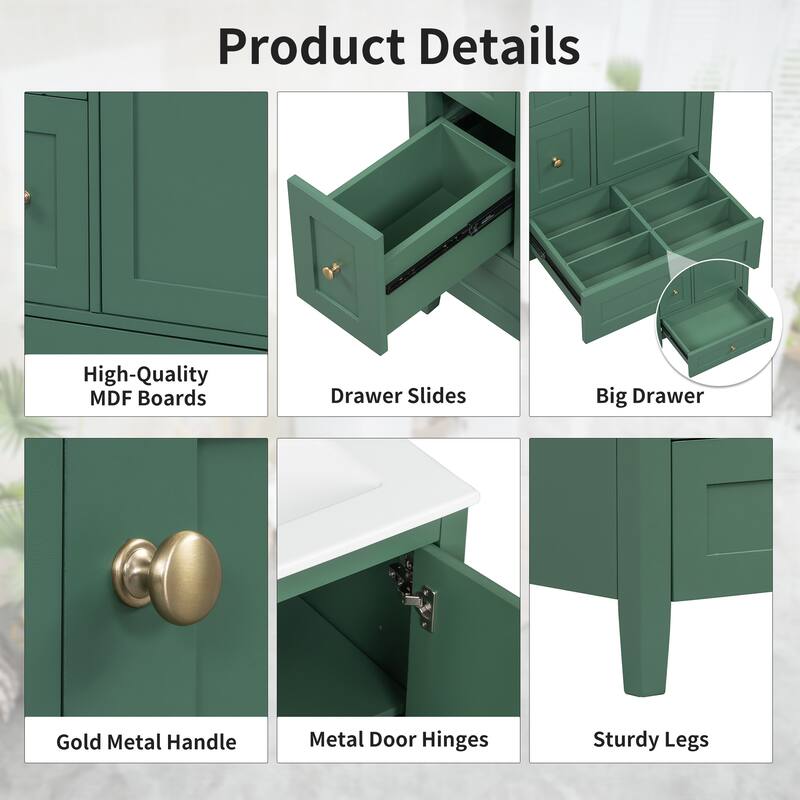 24" Bathroom Vanity with Sink, Adjustable Shelf, Storage Drawers with Removable Dividers, MDF and Rubberwood Base