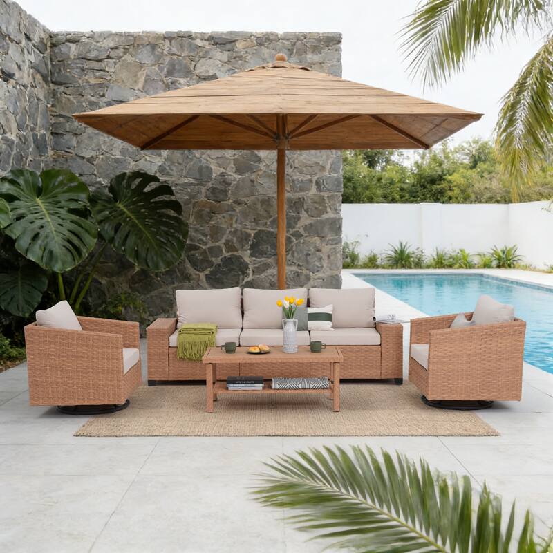 4-Piece Outdoor Conversation Set with Swivel Chair and 3-Seater Sofa with Soft Cushion and Coffee Tables PE Wicker Rattan