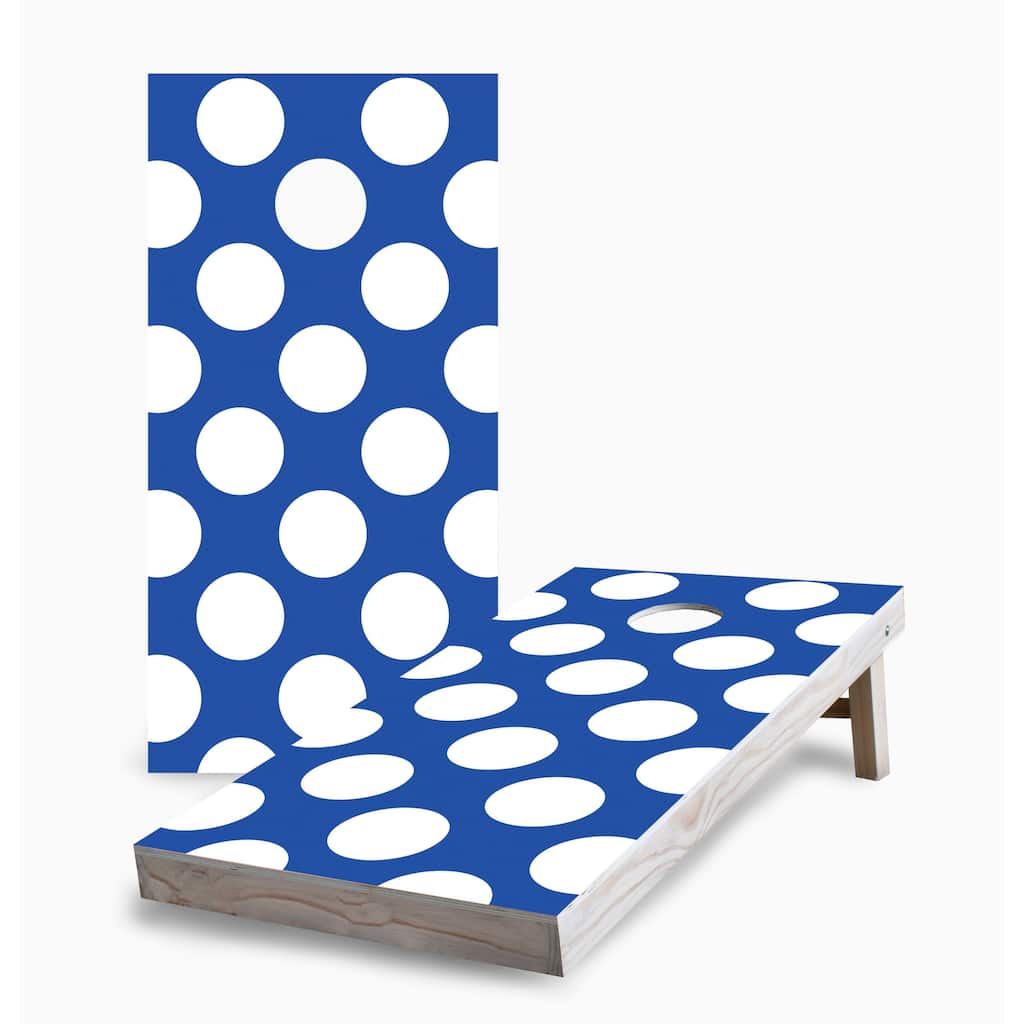 White and Blue Polka Dot Corn Hole Board Set with Carry Case