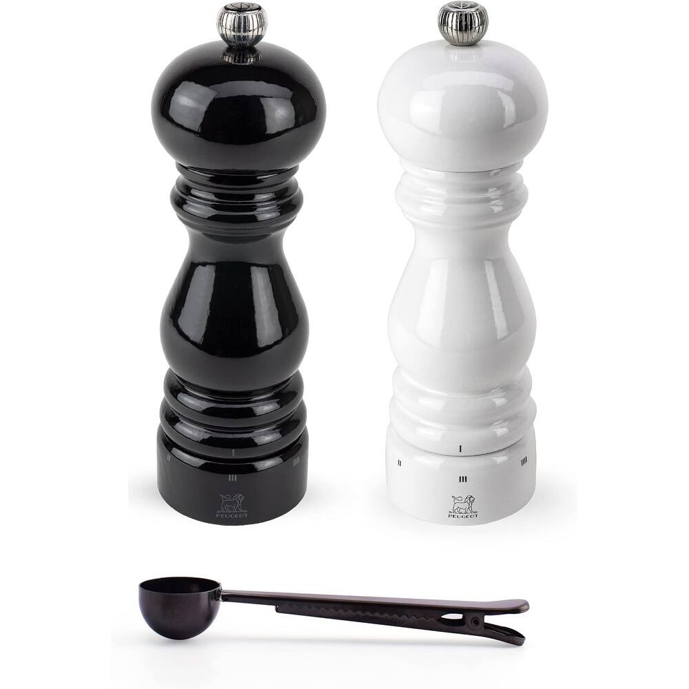 Peugeot Paris u'Select Salt & Pepper Mill, Gift Set, Black & White Lacquer - With Stainless Steel Spice Scoop/Bag Clip (7 Inch)