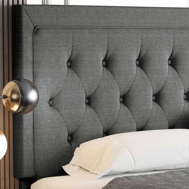 Queen Size Button Tufted Platform Bed Frame/Fabric Upholstered Bed Frame with Headboard/Wood Slat Support/Mattress Foundation