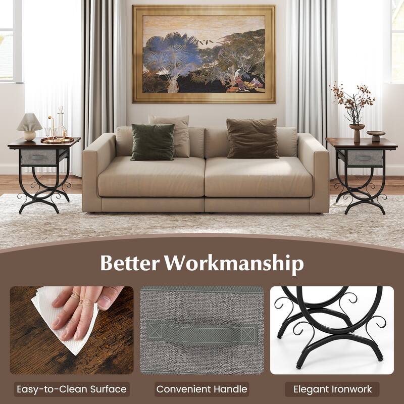 Rustic Wood Side Table with Metal Frame and Grey Fabric Drawer for Bedroom Living Room Storage - 19" x 14" x 21"
