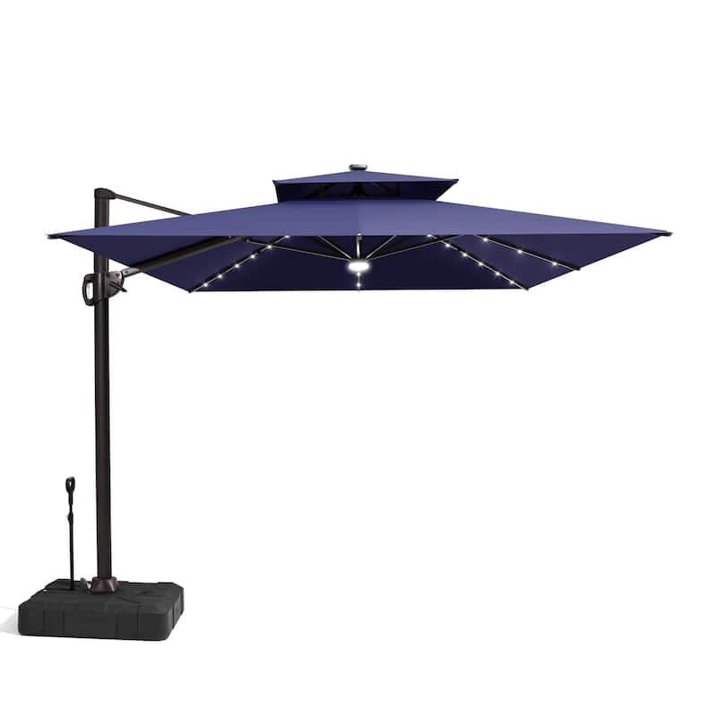 9 x11 FT Outdoor Double Top LED Lighted Patio Cantilever Umbrella with Weighted Base