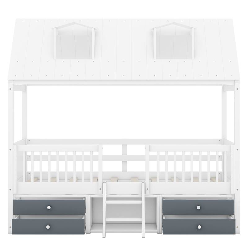 Twin Size Wooden House Bed with Fence and Roof for Kids