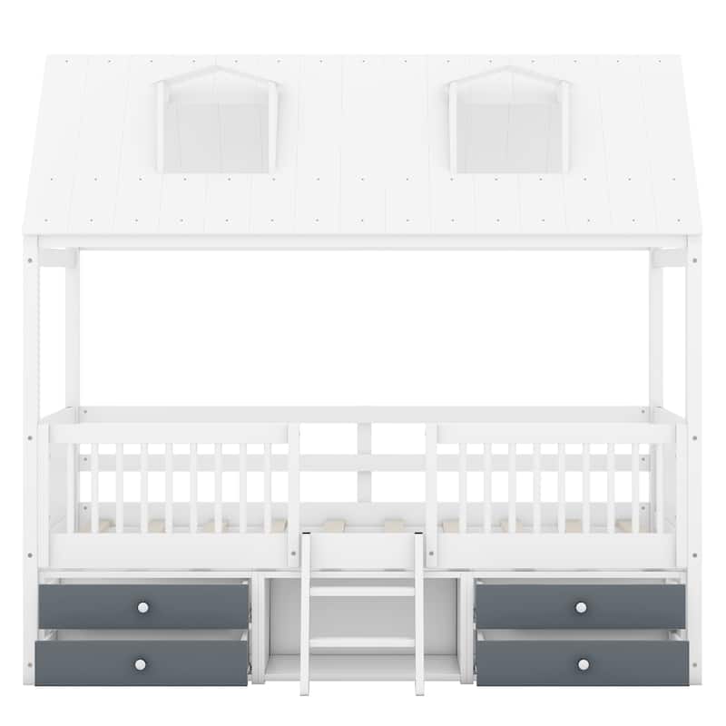 White Twin Size Wooden House Bed with Fence and Roof for Kids