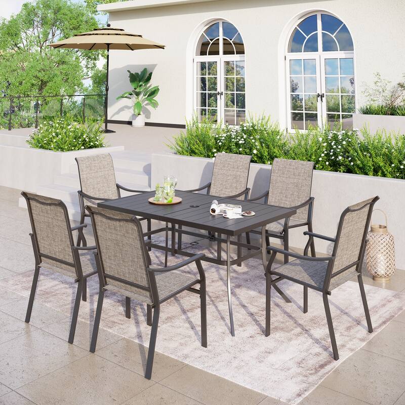 MAISON ARTS 7-Piece Patio Dining Set, Rectangle Metal Table and 6 Textilene Fabric Padded Armchairs - Table B