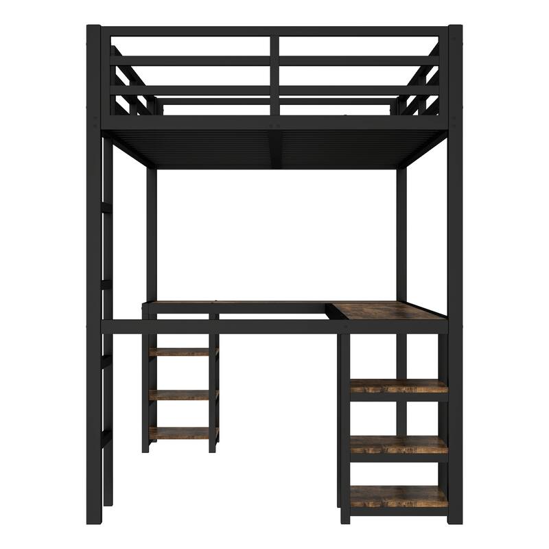 Twin XL Metal Loft Bed with Desk and Shelves, Loft Bed with Ladder and Guardrails, Loft Bed Frame for Bedroom