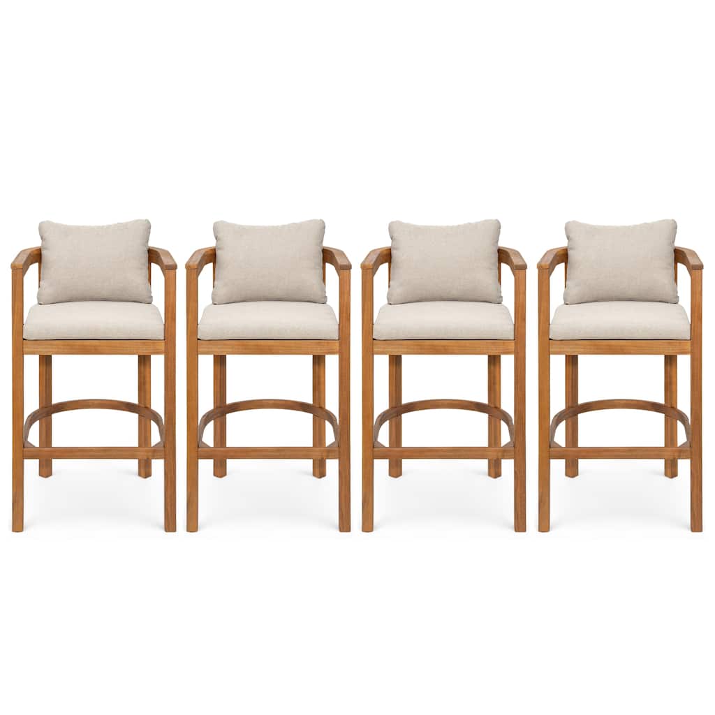 Christopher Knight Home - Abaco Outdoor Barstool Set of 4, Teak Finish Acacia Wood Frame with Beige Cushions.