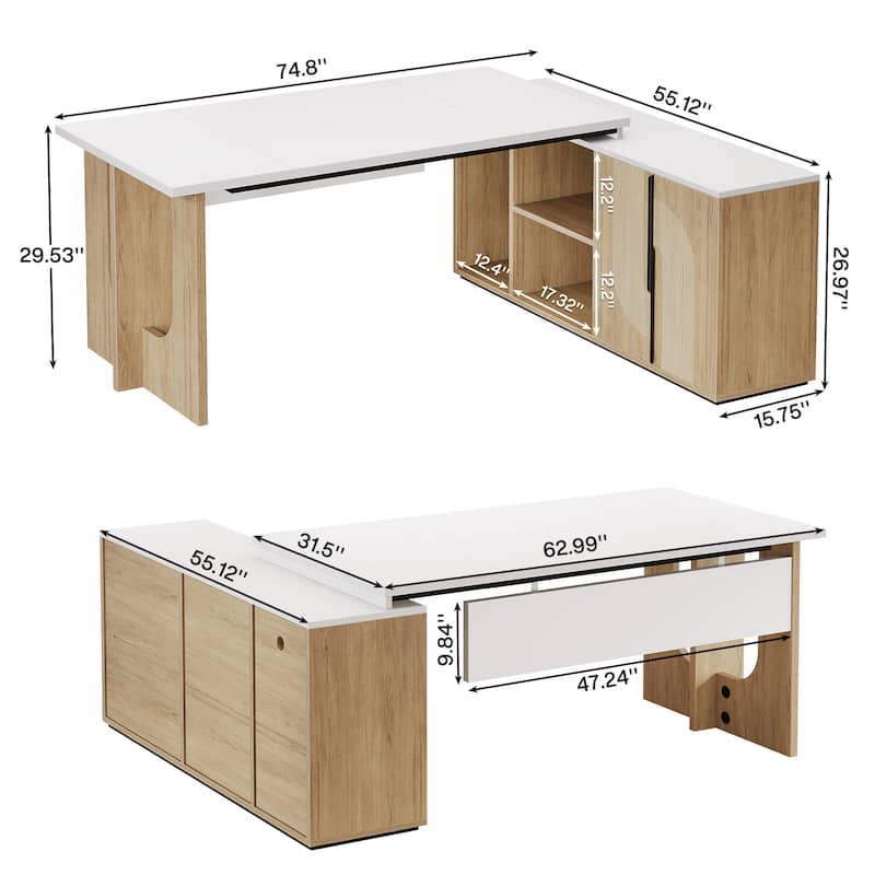 74.8-Inch L Shaped Executive Desk, Large Office Computer Desk with Cabinet and Shelves for Home Office