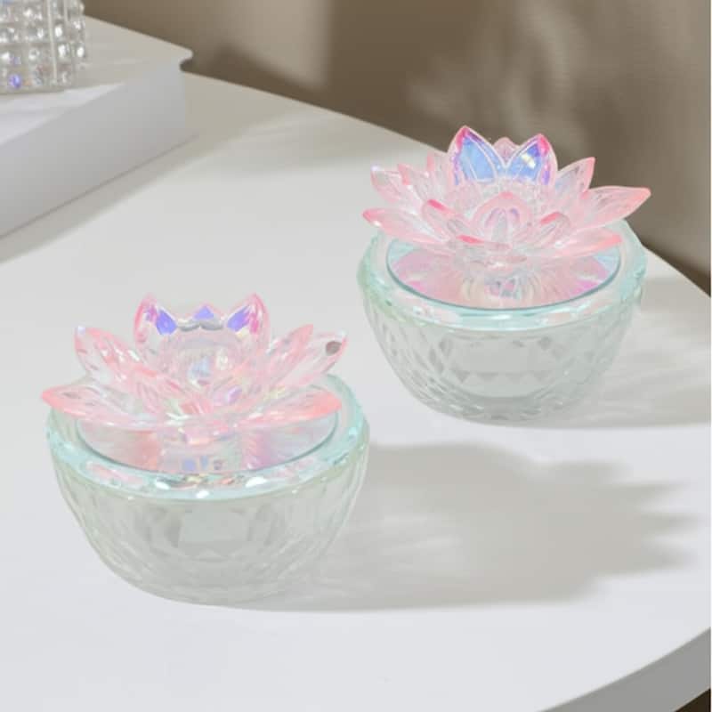 Decorative Rainbow Lotus Top Glass Trinket Dish for Jewelry and Keepsake Storage - Clear/ White/ Pink - 4" x 4" x 3.5"