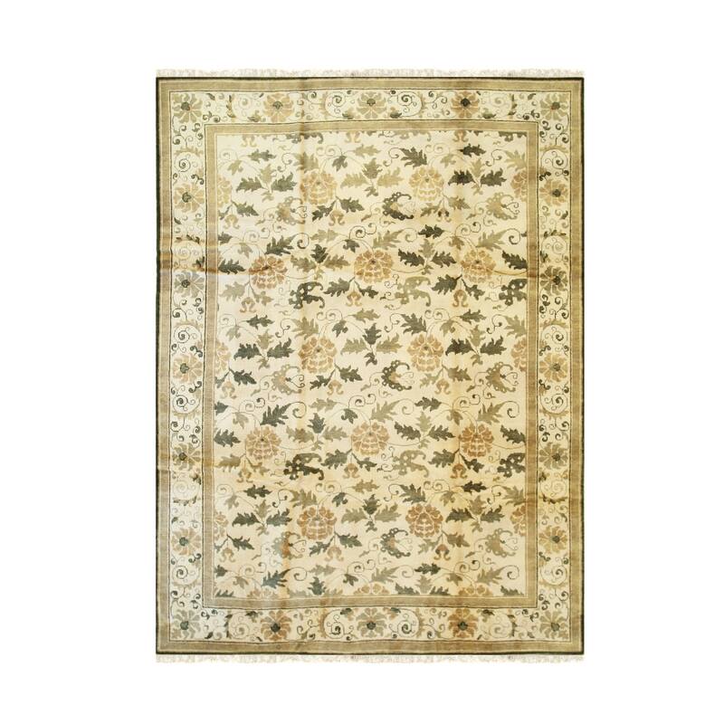 Beige Handmade Wool Transitional Rug 13' x 15' - Hand Knotted Natural Dyes Soft Pile Cotton Foundation - N/A
