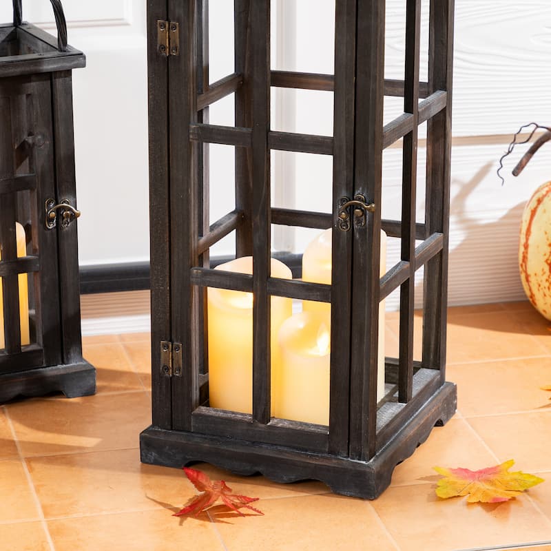 Glitzhome Farmhouse Wooden Metal Cage Candle Holders Patio Hanging Vintage Lanterns (Set of 2)