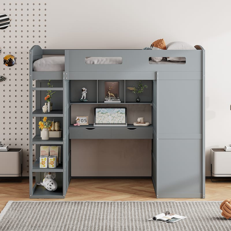 Full Size Solid Wood Loft Bed with Desk, Wardrobes & Drawers