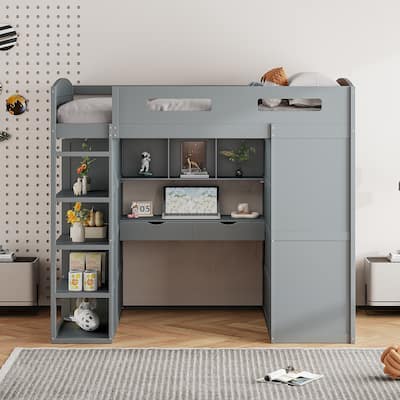 Loft Bed with Desk, Wardrobes, 4 Drawers and 4 Shelves