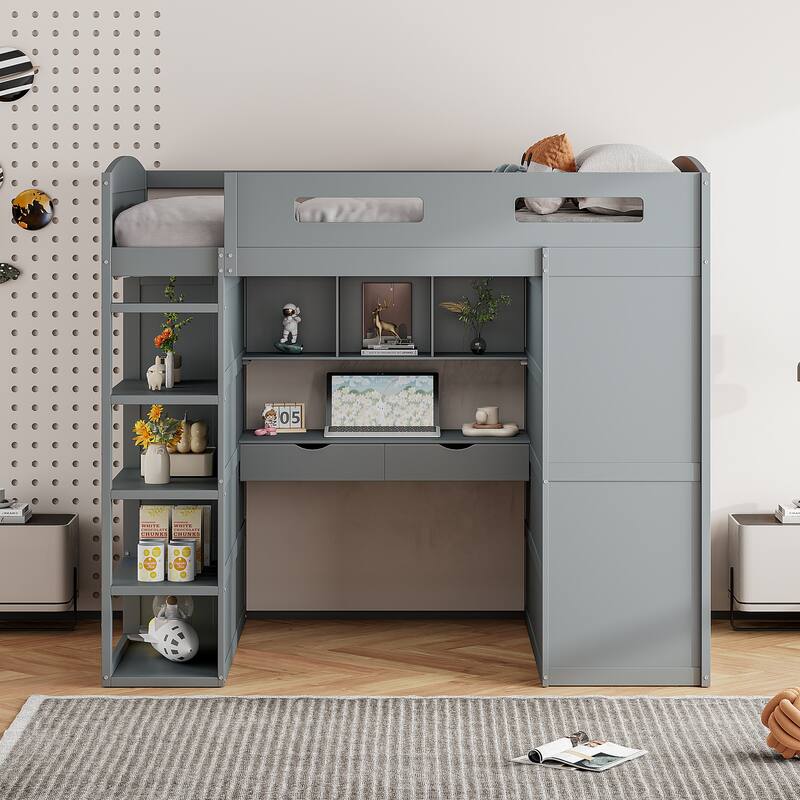 Solid Wood Loft Bed with Desk, Wardrobes, 4 Drawers and 4 Shelves for Kids, Bedroom