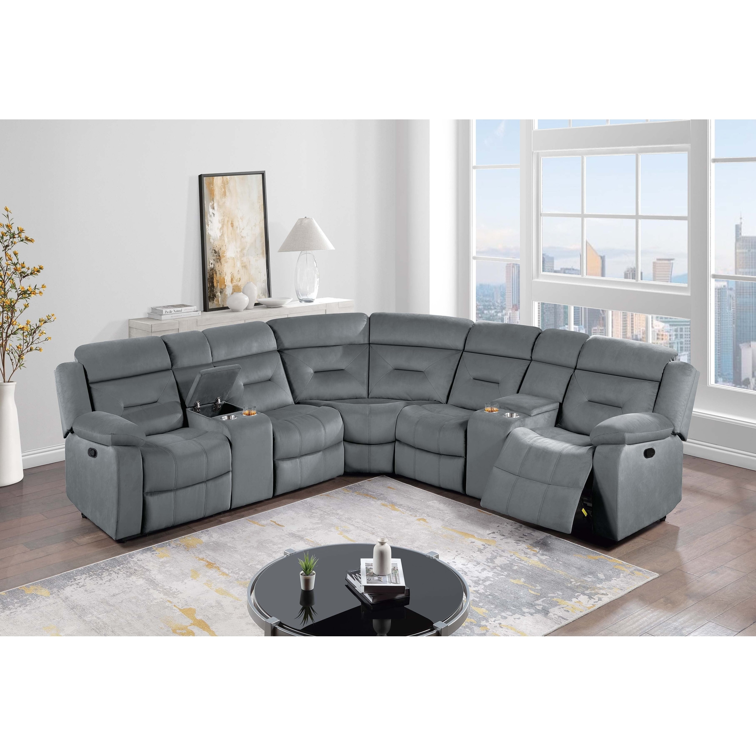 3pc Manual Sectional Set Dark Gray Finish Pillow Arms Cup Holders Storage