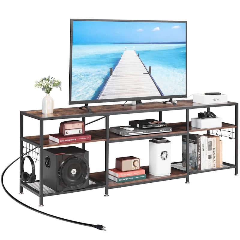 VECELO Wood TV Stand with Charging Station with Metal Frame, Storage Shelves Entertainment Center TV Cabinet