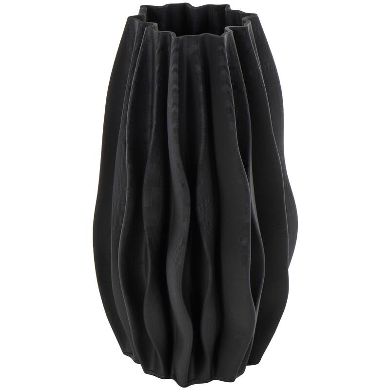 Black Ceramic Dimensional Wavy Ribbed Abstract Vase with Floral Shaped Rim