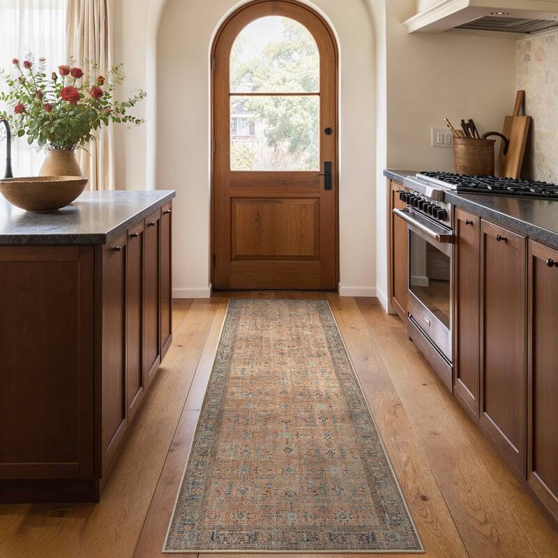 Mcow Floral Collection Machine-Washable Non-Slip Area Rug - 2' x 7' - Taupe - Runner