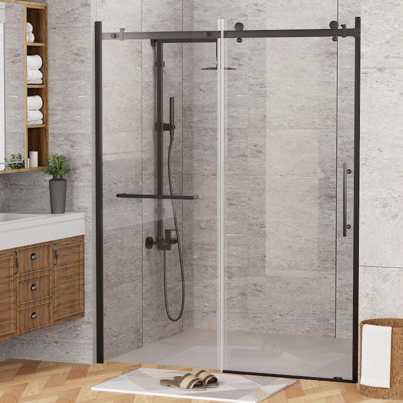 EROMMY Frameless Sliding Shower Door 60"x76", Clear Tempered Glass, Explosion-Resistant, Waterproof - Black