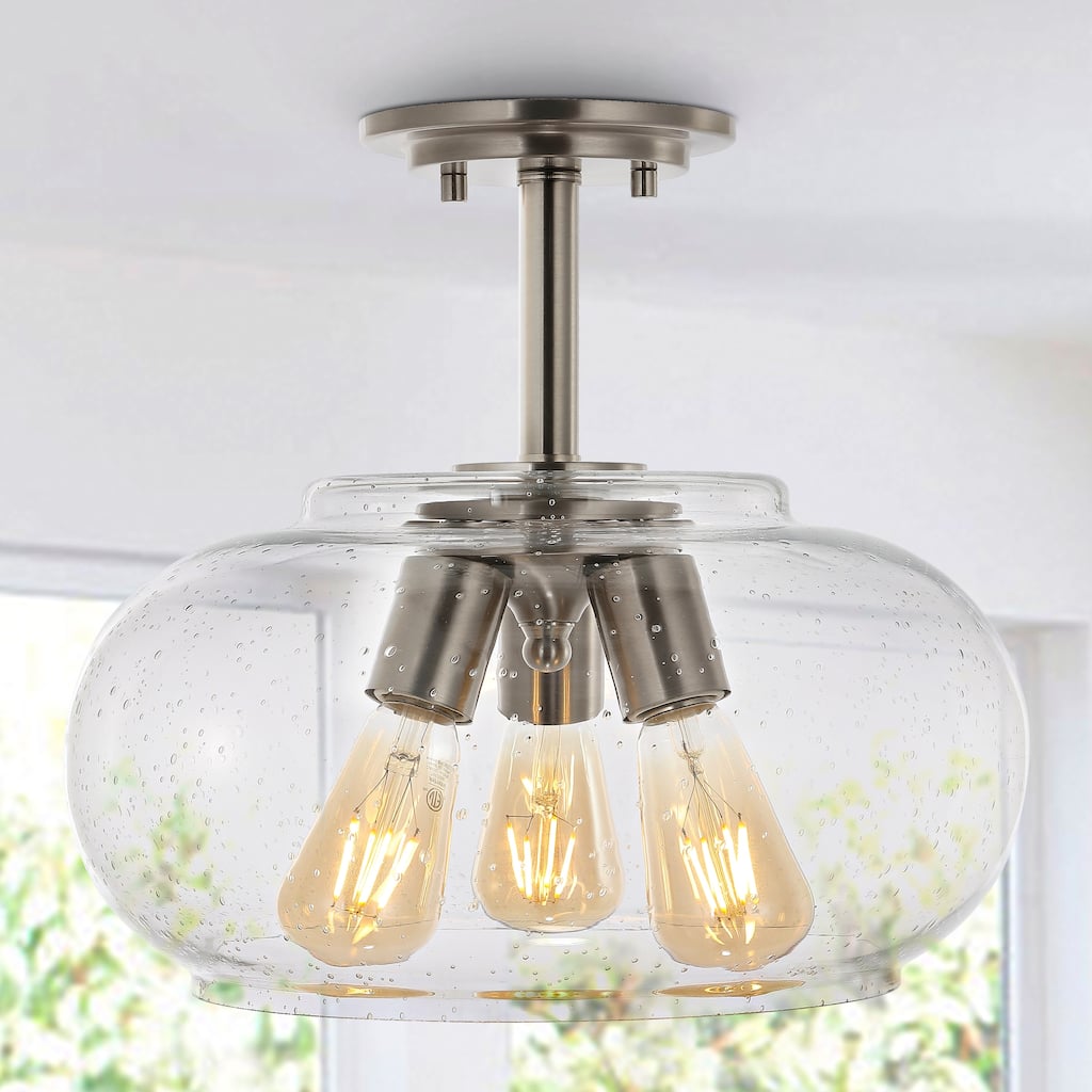 Marlowe 13.75" 3-Light Modern Industrial Iron/Seeded Glass LED Semi Flush Mount, Nickel/Clear by JONATHAN Y