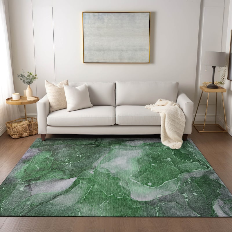 Machine Washable Indoor/ Outdoor Abstract Chantille Rug - 9' x 12' - Emerald