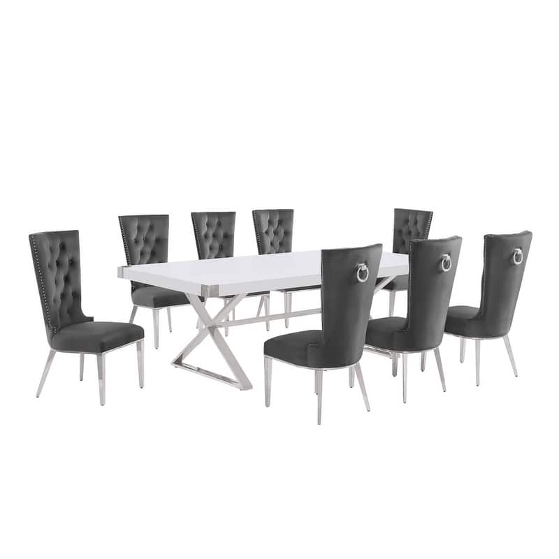 Best Quality Furniture D442/3-SC330-7 Dining Set with 94" White Lacquer Wood Top