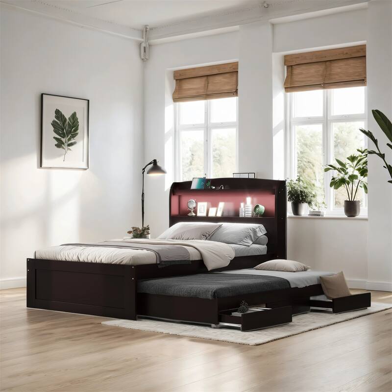 Twin XL Size Platform Bed with Charging Station, Twin Size Trundle