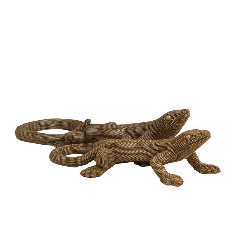 Gold Resin Beaded Lizard Decorative Sculpture (Set of 2)