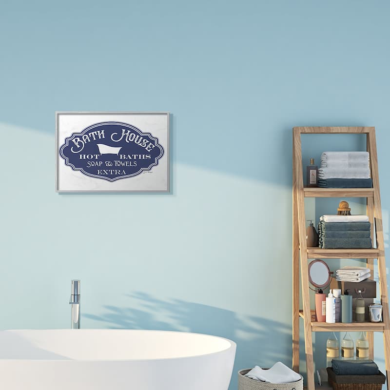 Stupell Vintage Bath House Sign Minimal Blue White Framed Giclee Art Design By Jill Meyer