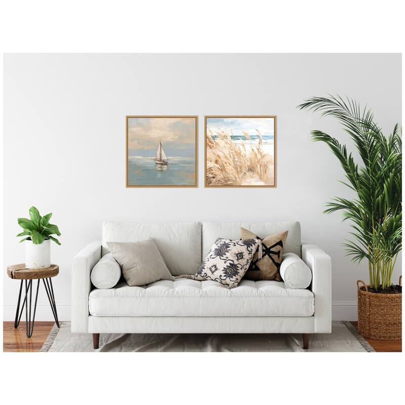 Kate and Laurel Sylvie Beach Grass and Calm Pastel Sailboat Framed Canvas Art Set by The Creative Bunch Studio