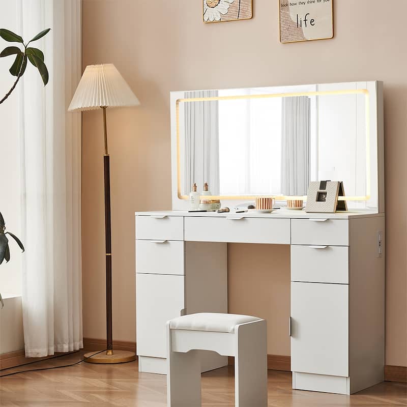 White Makeup Dressing Table with Adjustable Lighting LED Mirror and 5 Drawers for Bedroom - 15.8”D x 46.1"W x 56.1"H