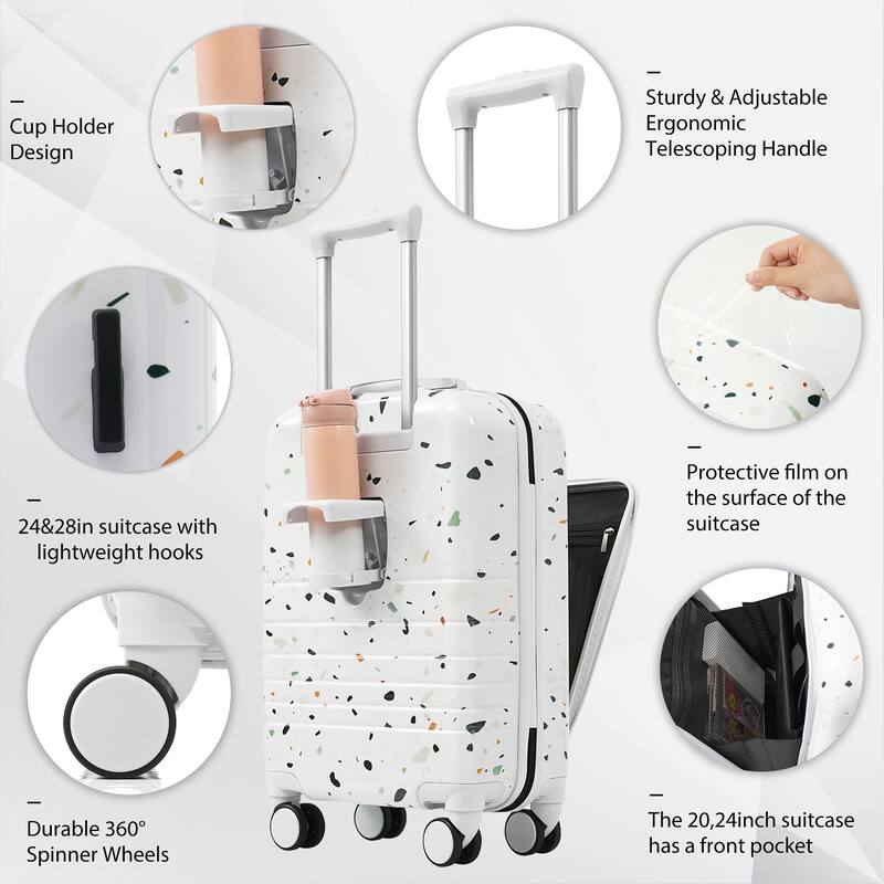 High Quality Front Opening Luggage Sets 3 Piece, ABS+PC Hard Carry on Suitcase with USB Port and Cup Holder & Spinner Wheels