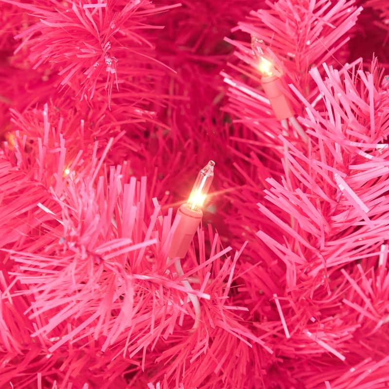 Pre-Lit Artificial Tinsel Christmas Tree - 7' - Pink - Clear Lights - 7 Foot