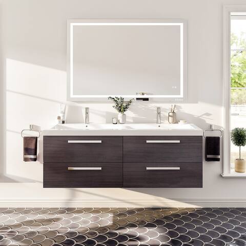 Eviva Surf Integrated White Acrylic Double Sink Grey Oak Modern 57-inch Wall-mount Bathroom Vanity