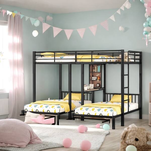 slide 2 of 26, Safety Full Over Twin Triple Bunk Bed With 2 Pull-Out Drawers,With The Desk And 3-Layer Shelves Between Twin Size Beds White