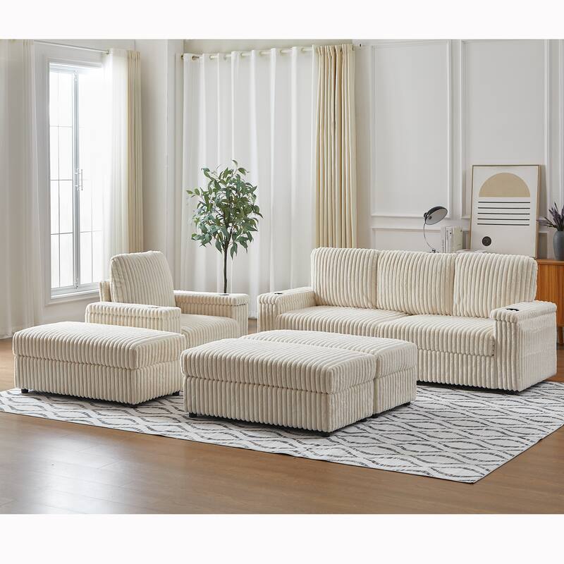 Anmytek Corduroy 3-Seater Deep Seat Sofa & Single Recliner With Cup-Holding Grooves