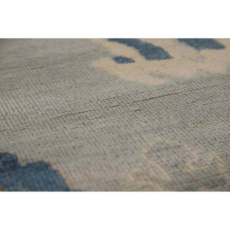 Geometric Blue Vegetable Dye Oushak Turkish Hand-Knotted Wool Carpet - 5'5"x 7'7"