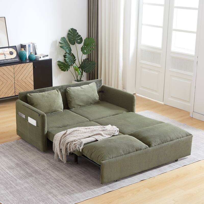 3-in-1 Adjustable Sleeper Sofa Bed Corduroy Loveseat Couch with 2 Back Pillows, Detachable Armrest Pillows and Side Pockets