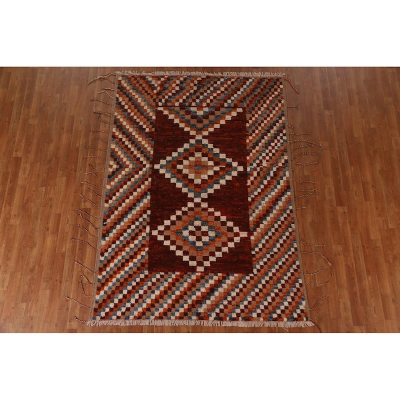 Hand Knotted Oriental 100% Wool Carpet Modern Geometric Red Moroccan Area Rug - 7' 9'' X 5' 6''