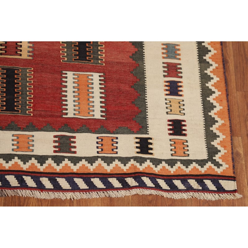 Red Kilim Qashqai Persian Vintage Rug Flatweave Wool Carpet - 5'3"x 8'2"
