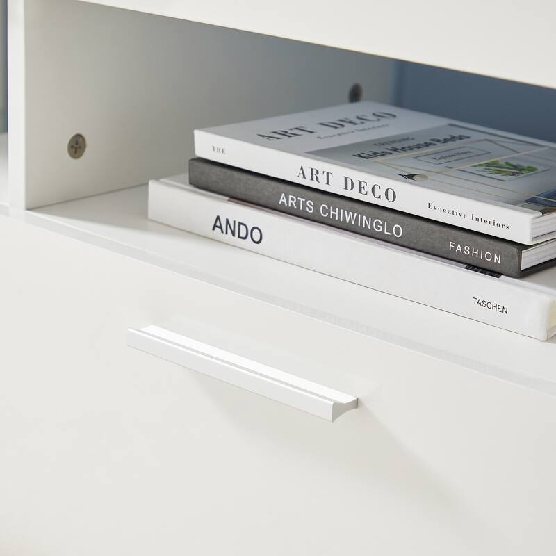 GDF Studio - Modern White Particle Board TV Stand with LED Light Belt and Glass Shelf