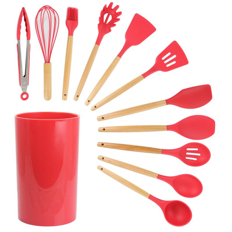 MegaChef 12 Piece Red Silicone and Wood Kitchen Utensil Set