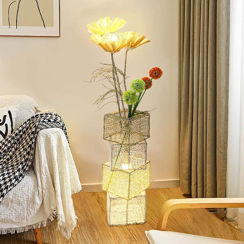 Pastoral Led Floor Lamp Hand-Woven Rattan Wicker