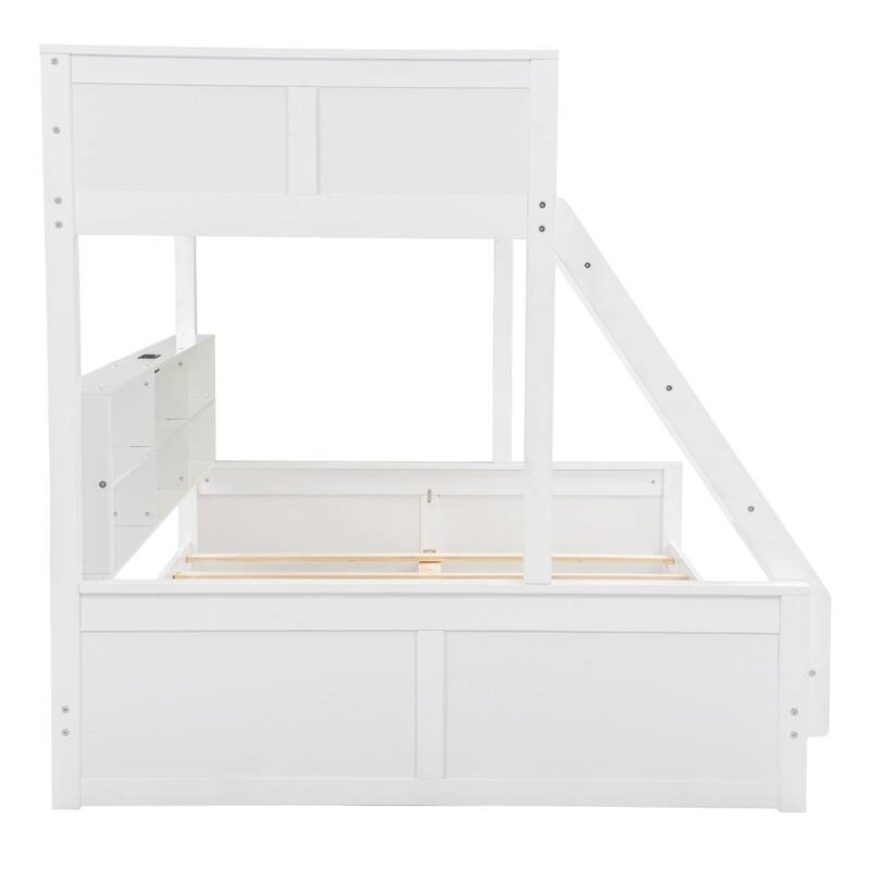 Twin XL / Full XL over Queen Bunk Bed with Open Cabinets and Charging Station, Storage Kids Bed Frame with Ladder