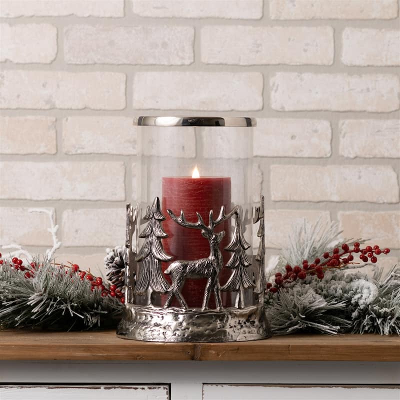 Etched Deer and Pine Tree Christmas Candle Holder - 11"