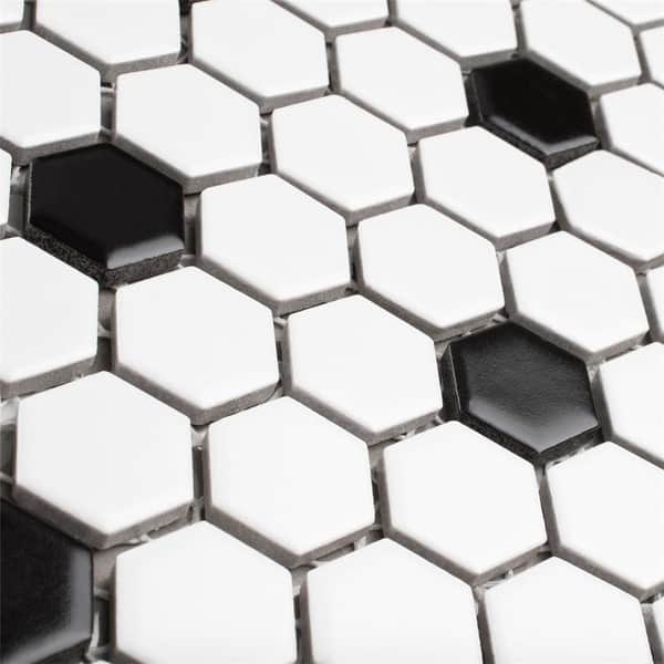 Merola Tile Madison Hex Matte 11-7/8 in. x 10-1/4 in. x 6mm Cool White with Black Dot Porcelain Mosaic Tile Merola Tile Madison Hex Matte 11-7/8 in. x 10-1/4 in. x 6mm Cool White with Black Dot Porcelain Mosaic Tile