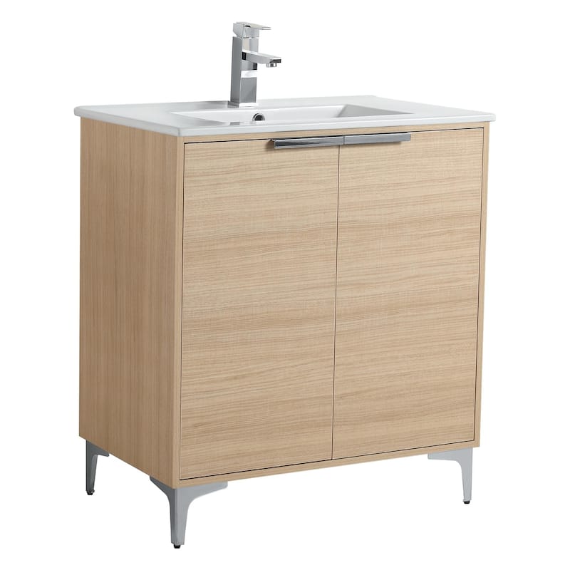 Fine Fixtures Wilmington Bathroom Vanity with White Ceramic Sink. - 30 Inch - Natural Oak - Polished Chrome Hardware